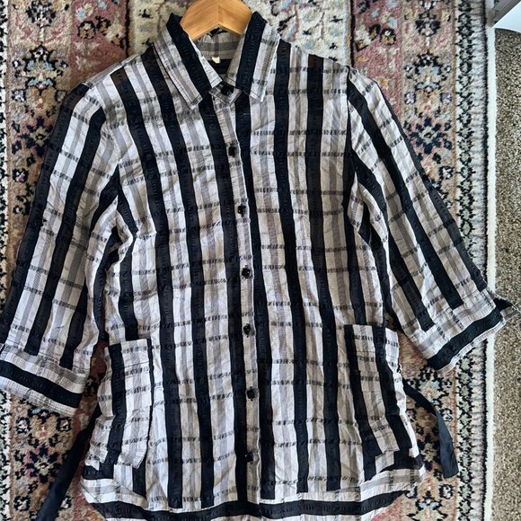 Korean Brand Tops - Womens Collar Shirt Black & White Stripes Button Up Long Sleeve W/Pockets SZ 8